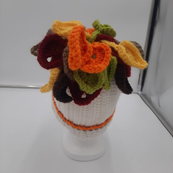 Handmade Ribbed beanie hat w/fall leaves in Orange Yellow Lime Green Brown Burg - Picture 5 of 5